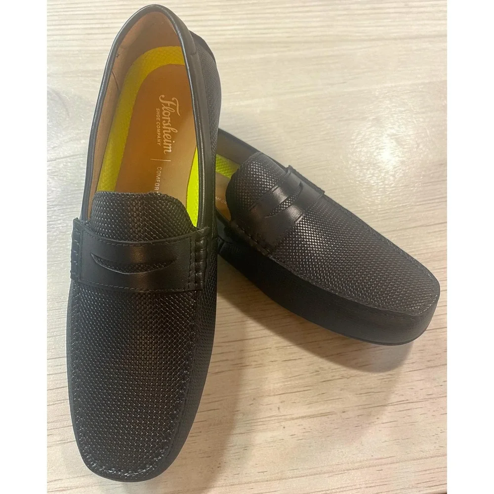 Florsheim Motor Moc Toe Black Textured Leather Penny Loafers Men's 12W NWOT